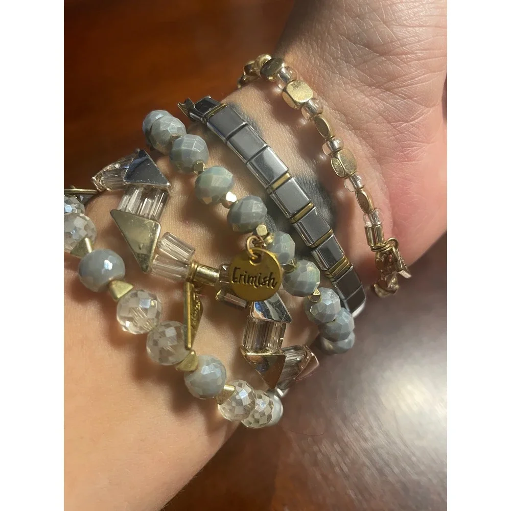 Erimish Grey Silver Gold Beaded Stretch Bracelet Stack Multi Piece Set w Pouch